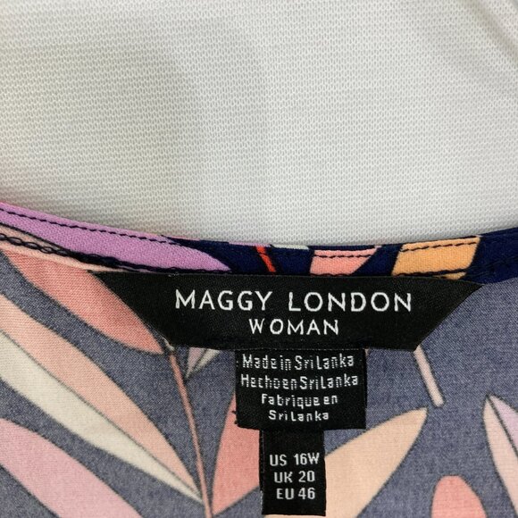 New Maggy London size 16W Multi Color Leaf Stretch Wrap Belted Dress Feminine - Picture 2 of 11